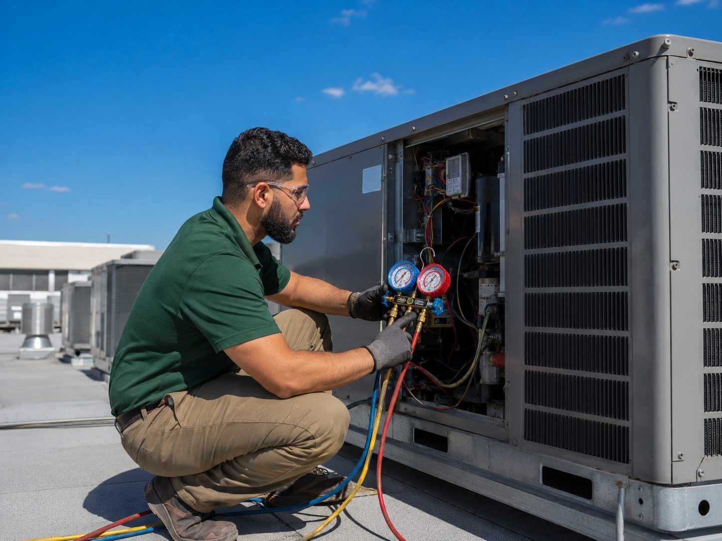 Technician servicing a commercial rooftop unit
