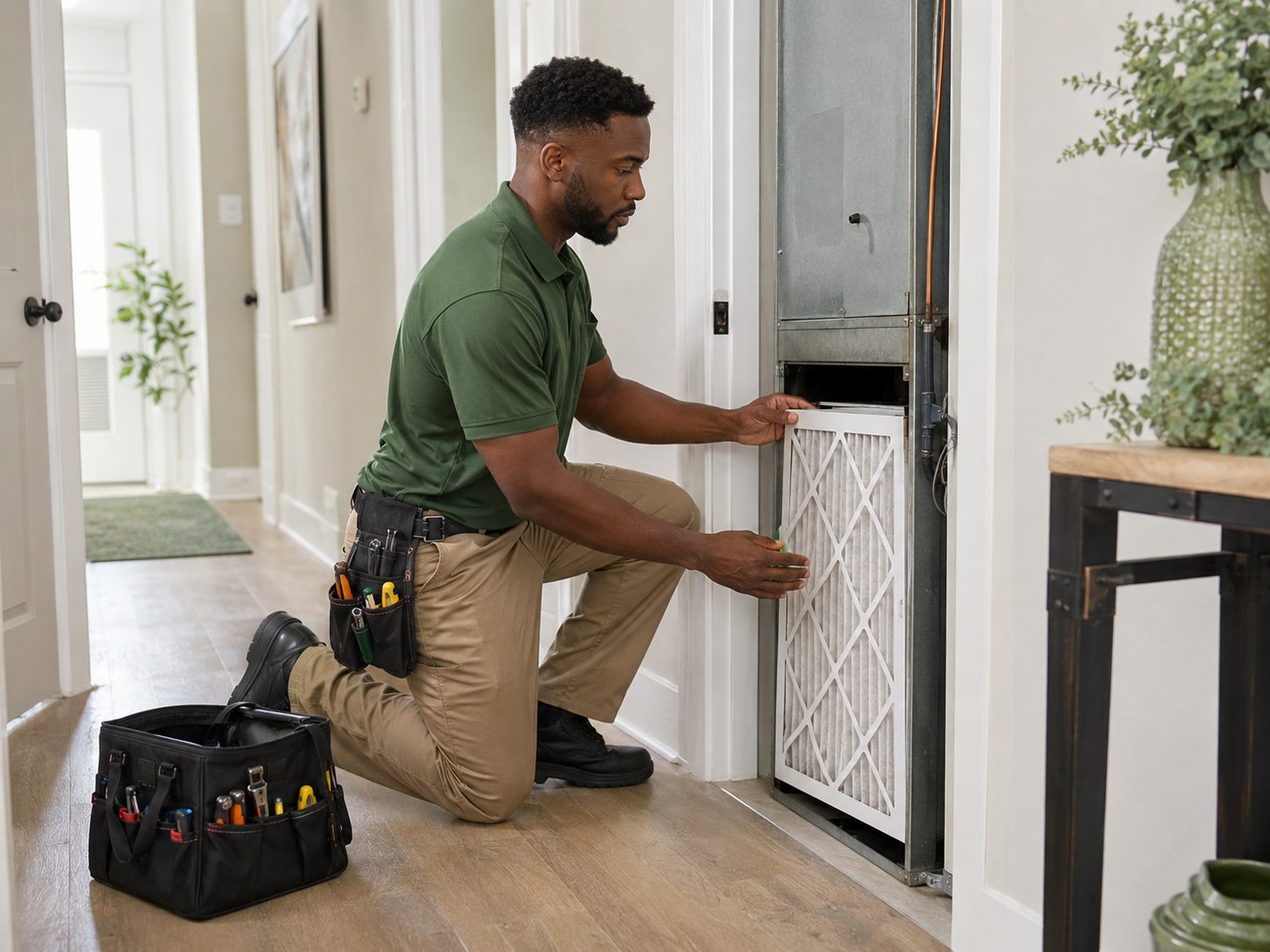Technician replacing a home air filter