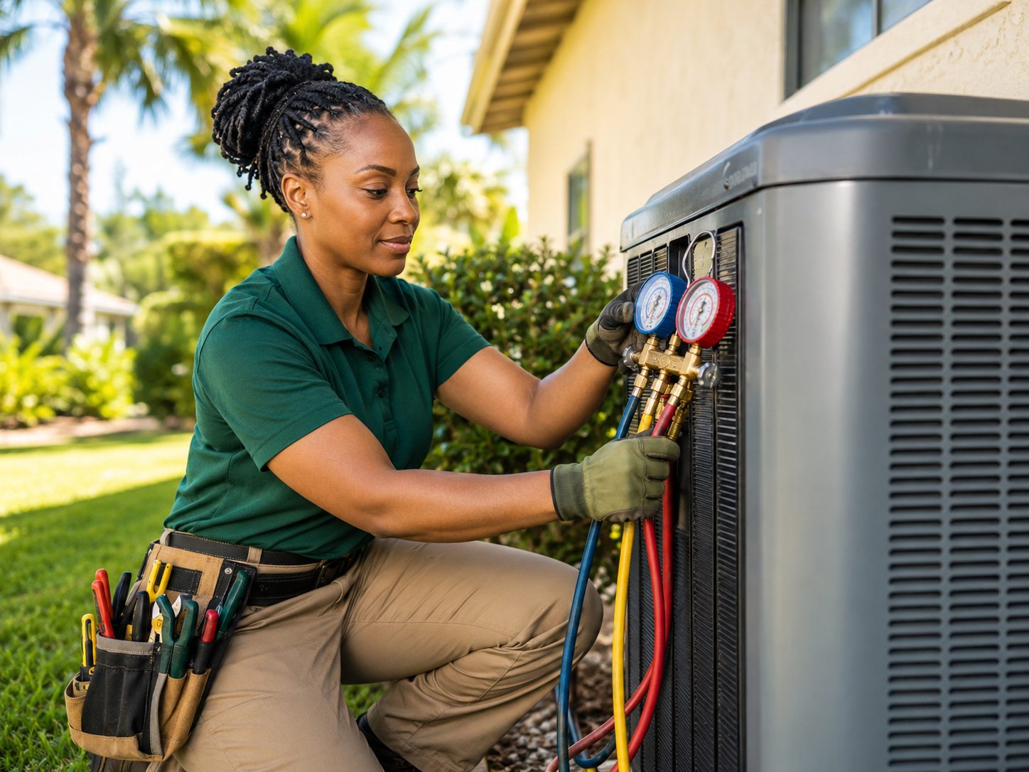Technician diagnosing an AC condenser