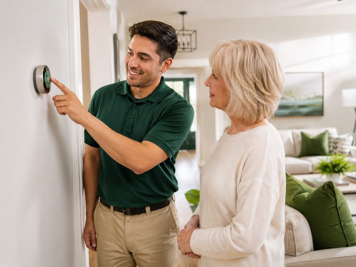 Technician setting up a smart thermostat